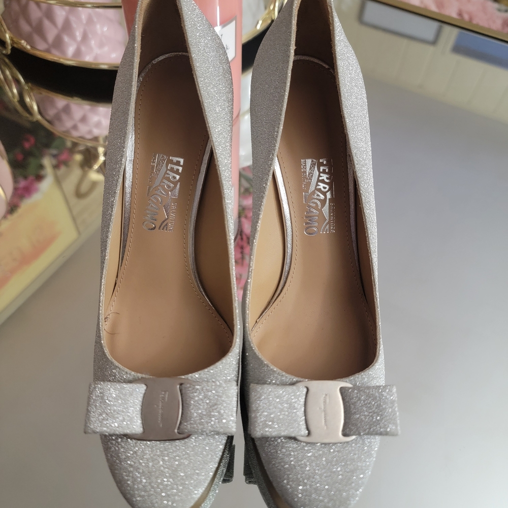 Salvatore Ferragamo Silver Glitter Heels